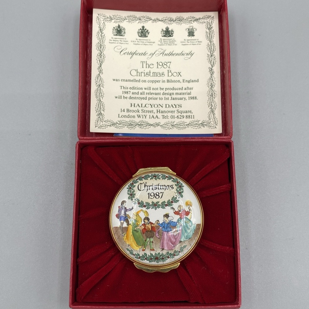 Vintage Halcyon Days Enamel Trinket Box 1987 Christmas Deck The Halls Multicolor